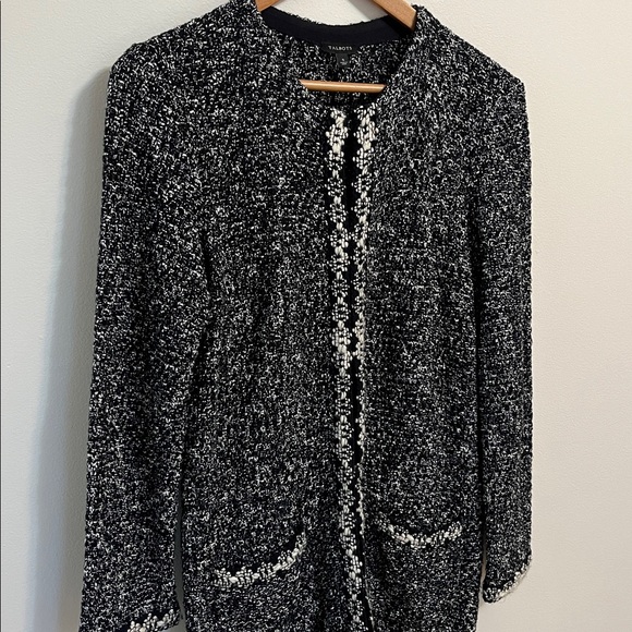 Talbots long cardigan sweater jacket textured knit black white chunky stretchy S - Picture 2 of 14